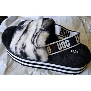 UGG Platform Slides Furry Leopard Pattern Size 10 Black And White Strap On Back